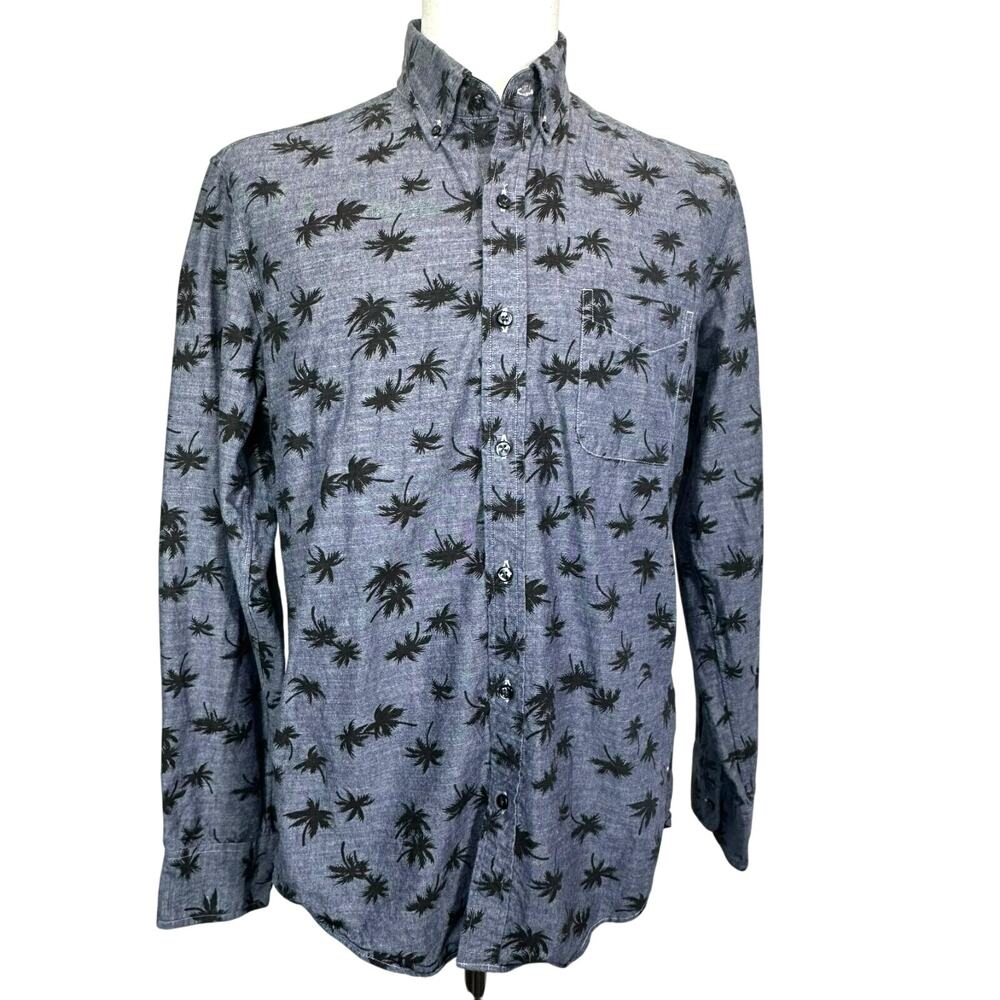J.CREW Mens Medium Blue Denim Hawaiian Tropical Palm Button Up Long Sleeve Shirt